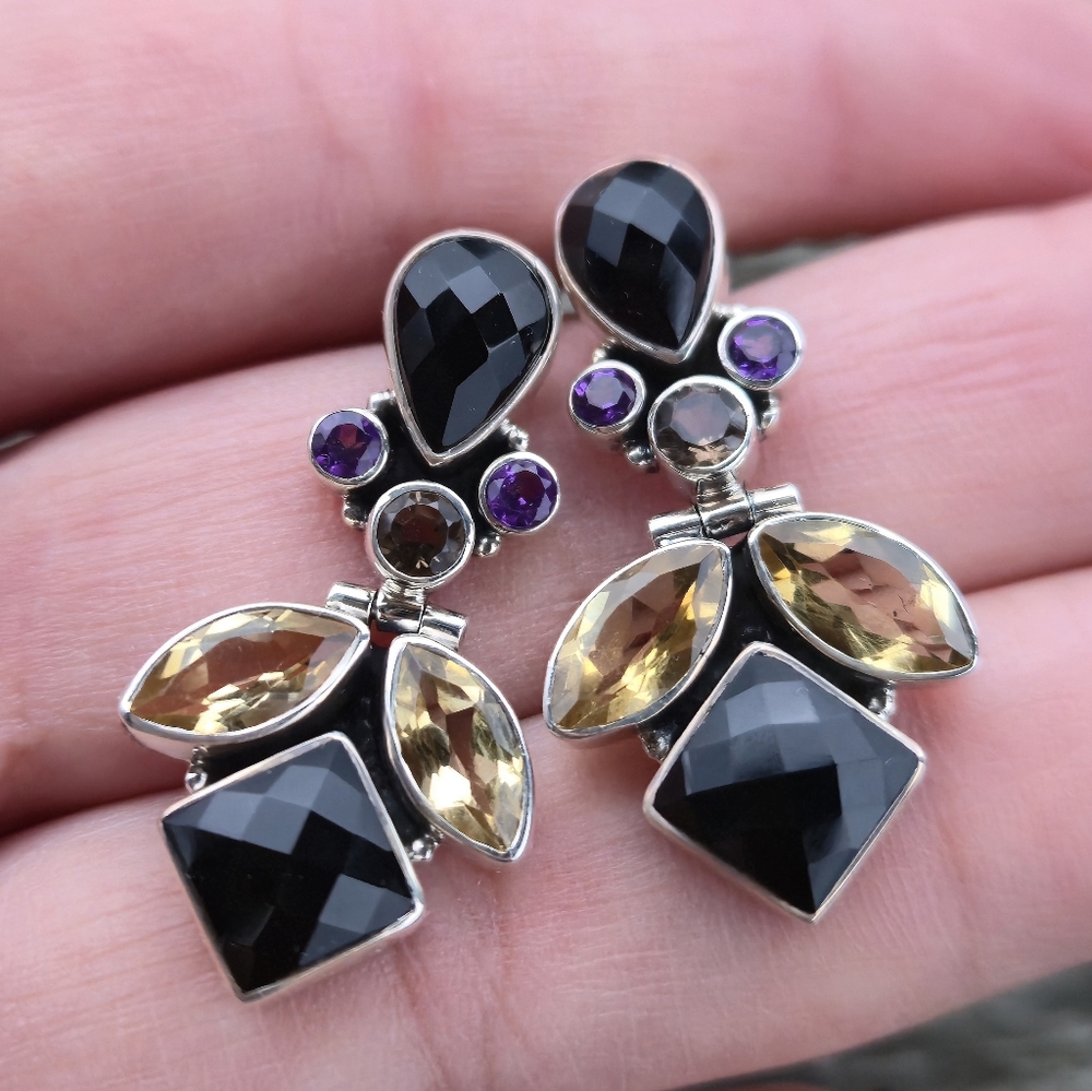 Nicky Butler 925 Sterling Silver Designer Onyx Citrine Amethyst Quartz Earrings - Picture 5 of 13